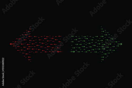 Arrow formations pointing in opposite directions. One arrow is red, pointing left, and the other is green, pointing right. image represents opposing forces, choices, and decisions.