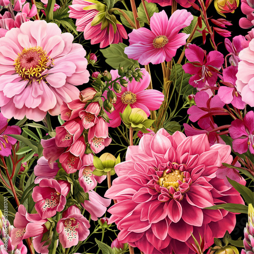 Seamless vector pattern with pink summer flowers isolated on a changeable background. Vintage painting style illustration.
