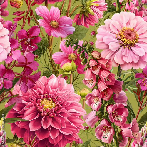 Seamless vector pattern with pink summer flowers isolated on a changeable background. Vintage painting style illustration.