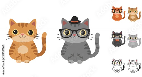 Cute Cartoon Cats with Glasses and Hat