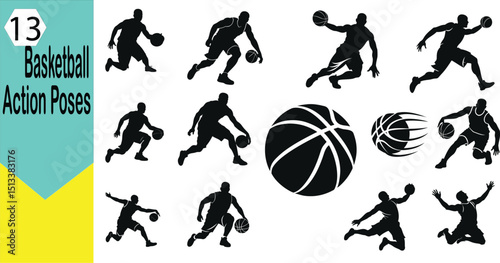 Basketball Player Silhouette Vector Bundle, Dynamic Sports Action Poses, A high-quality collection of 13 unique basketball player silhouette vector illustrations. Each design captures dynamic motion

