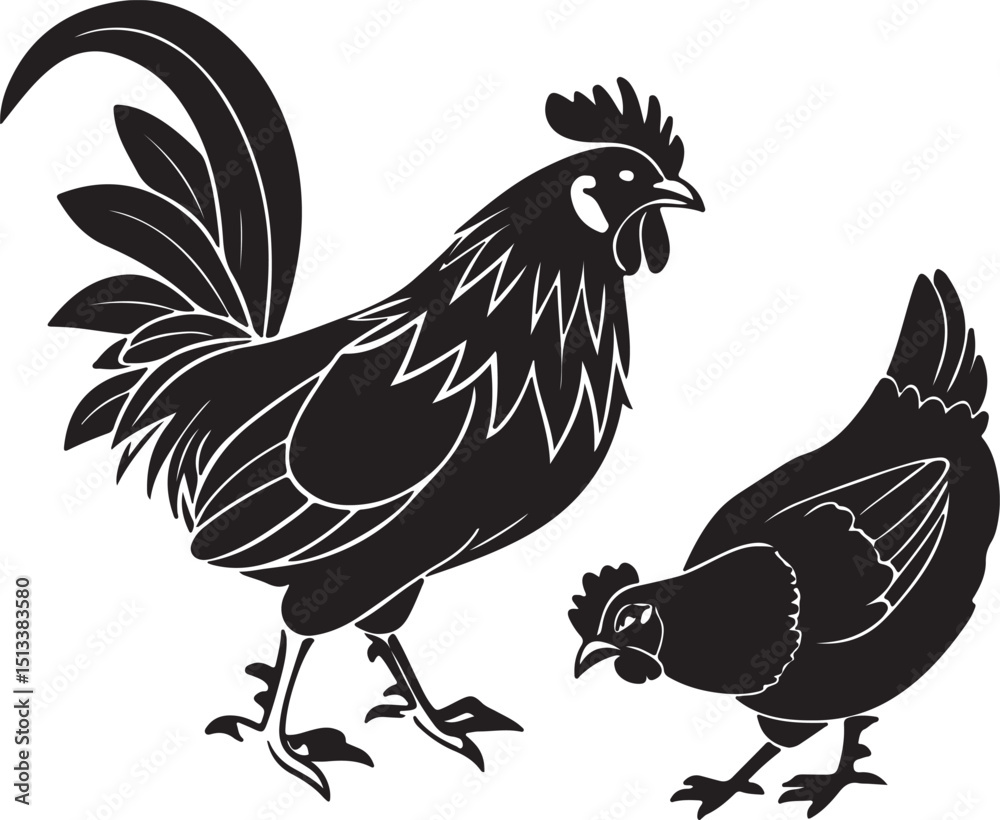Fototapeta premium Vector-style black and white drawing featuring a rooster and hen, highlighting their silhouettes in a minimalist design