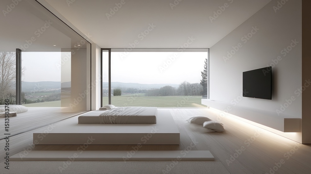 Fototapeta premium Minimalist bedroom with expansive views.