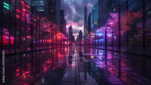 Twilight view of a modern skyline with neon-lit skyscrapers arranged along a glowing avenue, their mirrored windows catching hues of magenta, cyan, and indigo light  photo