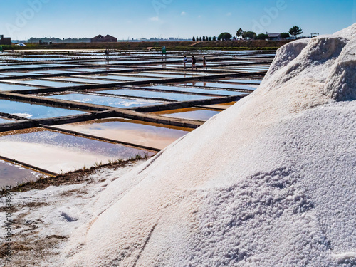 Geometric salt evaporation ponds with white salt piles in foreground, Aveiro, Portugal