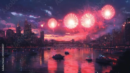 Cityscape Fireworks: Vibrant fireworks explode over a stunning cityscape at night, reflecting in the calm waters of a river or harbor, creating a magical spectacle.