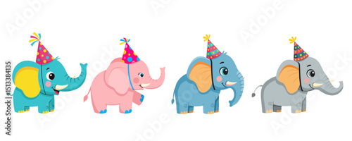 Cute Cartoon Elephants with Birthday Party Hats