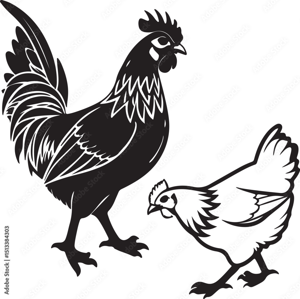Fototapeta premium Vector-style black and white drawing featuring a rooster and hen, highlighting their silhouettes in a minimalist design