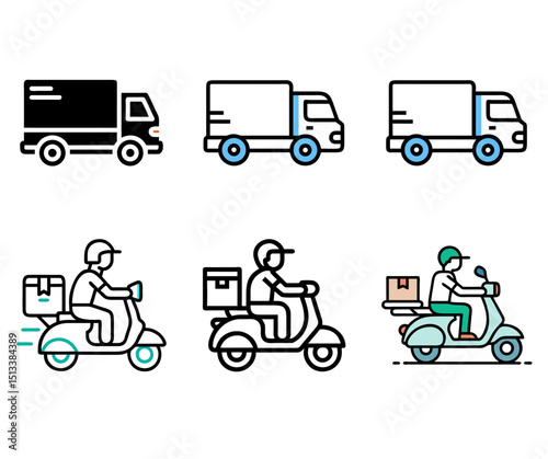 Delivery service icons set scooter courier package transportation isolated on transparent background