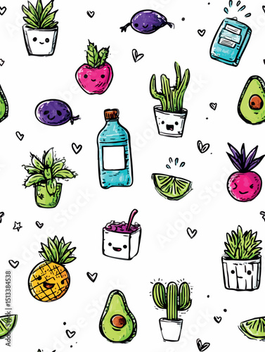 Kawaii-style fruits, plants, hearts, water bottle forming playful seamless pattern on white, depicting vibrant healthy living graphic design