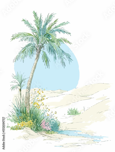Oasis with vegetation and flowers growing near a stream of water in a large desert with sand dunes and a palm tree