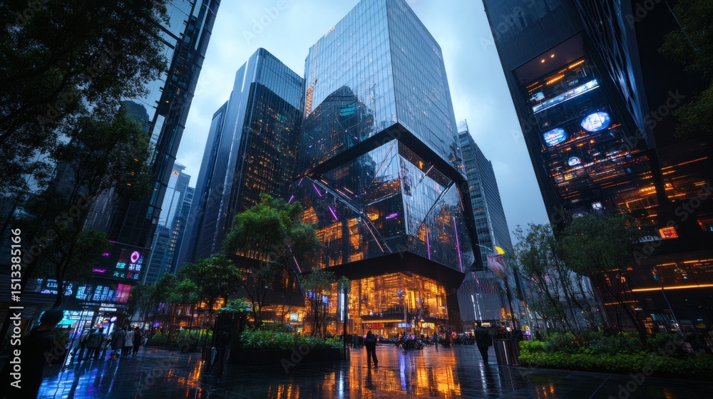 Fototapeta premium Dusk over a high-tech financial district filled with angular skyscrapers designed with chrome layering, transparent corridors, and embedded neon lighting 