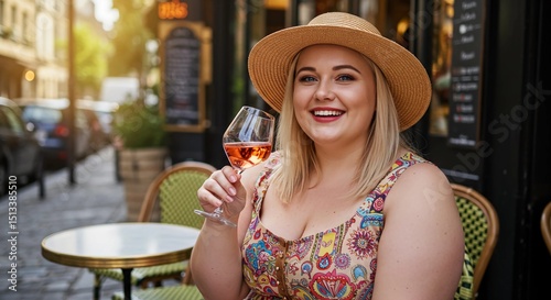 Plus size woman smiling while drinking wine at outdoor cafe table  