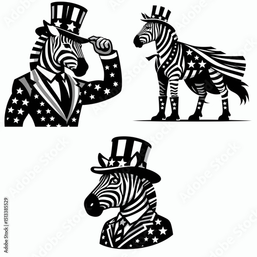Zebra wear american patriotic costume. 4th of July Independence Day Flag Usa Vector. Striped equine donning nationalistic garb holiday celebration attire.