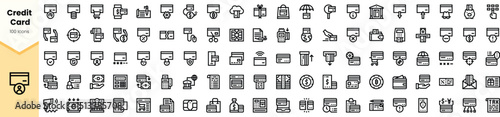 A collection of black icons related to credit cards, including payment methods, security features, and transaction elements in a modern design.