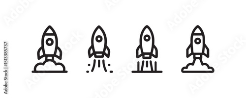 Set of four rocket icons depicting launch stages in black and white line art.