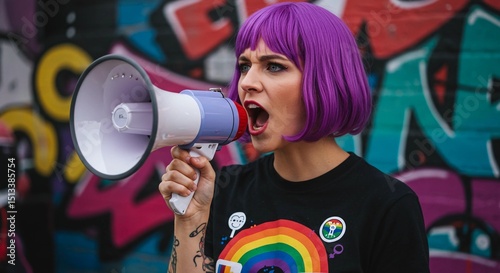 Young queer person shouting into a megaphone against a graffiti wall  