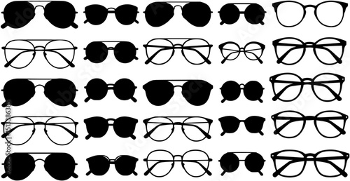 A collection of simple black silhouette sunglasses and eyeglasses in various frame styles.
