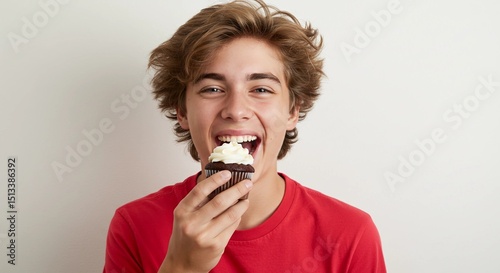 Teen boy happily eating chocolate cupcake with frosting at home  