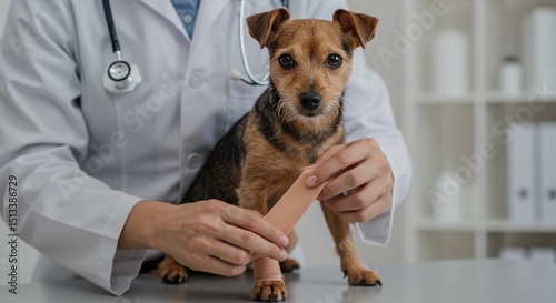 Small dog receiving bandage treatment from veterinarian in clinic  