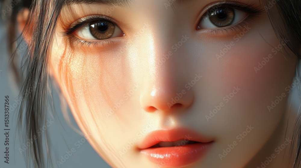 Fototapeta premium Beautiful Asian girl with cosmetics modeling clean face closeups