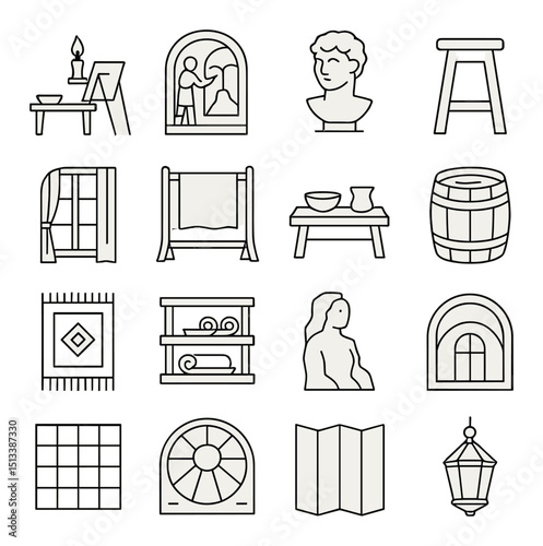 Home decor linear, silhouette and flat icon collection. interior and design elements set