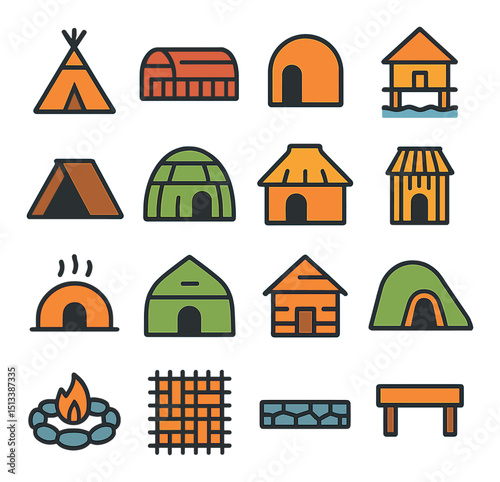 Camping linear style icon collection for outdoor and hiking adventures