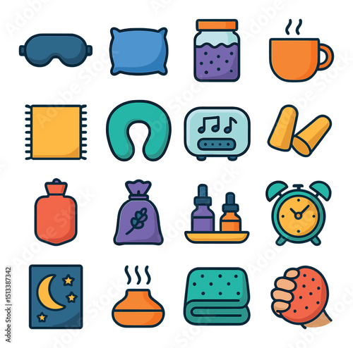 Sleep and relaxation flat icon collection. bedtime and comfort symbols set