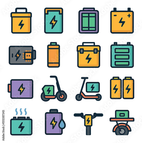 Electric vehicle flat icon collection. battery and charging station symbols set