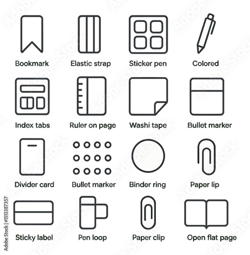 Office supplies icon collection in linear style. stationery and work essentials set