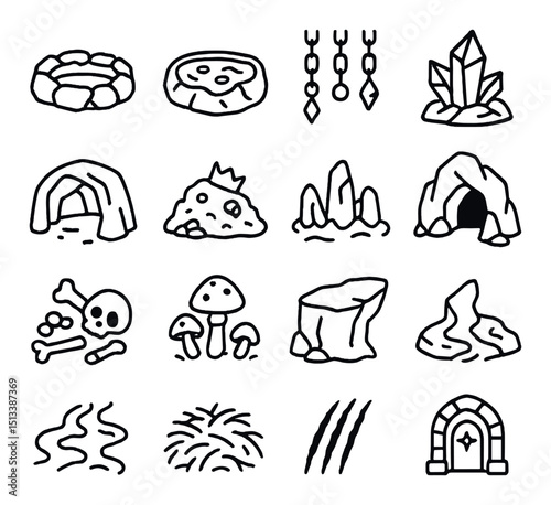 Fantasy elements flat icon collection: dungeon, treasure, and mystical object designs