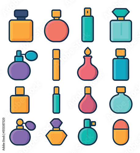 Perfume and fragrance flat icon collection. scent, aroma, and bottle designs set