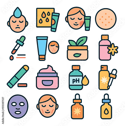 Skincare and beauty flat icon collection for wellness and cosmetic design needs