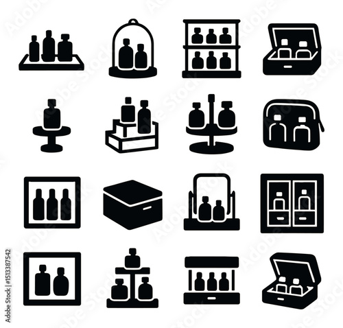 Perfume and cosmetics silhouette icon collection. beauty and care essentials set