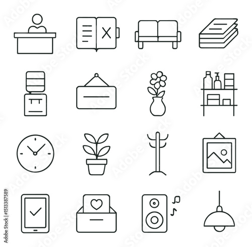 Office essentials icon collection: linear style work, business, and productivity set