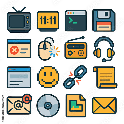 Retro technology flat icon collection. vintage gadgets and classic tech designs set