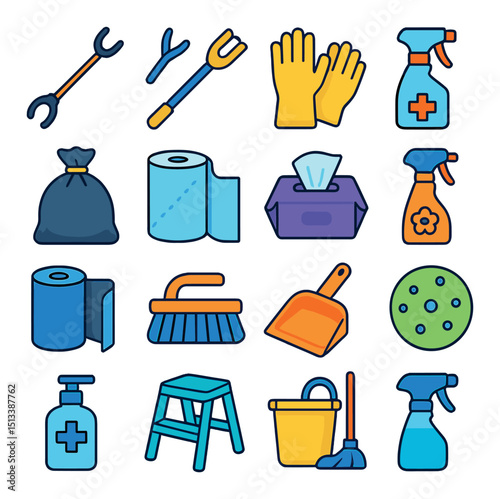 Cleaning and hygiene flat icon collection. sanitation and household essentials