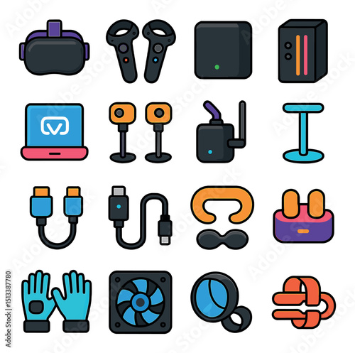Virtual reality flat icon collection. futuristic vr, tech, and digital elements set