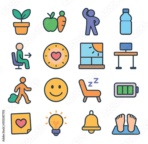 Health and fitness icon collection flat style. wellness and lifestyle symbols set