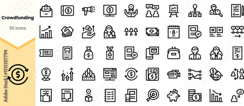 A comprehensive set of black icons representing various aspects of crowdfunding, including finance, teamwork, and project management.