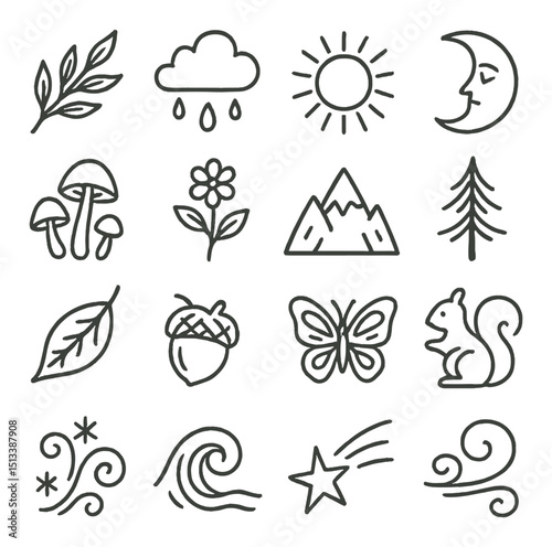 Nature and outdoor linear icon collection. environment, wildlife, and landscape set