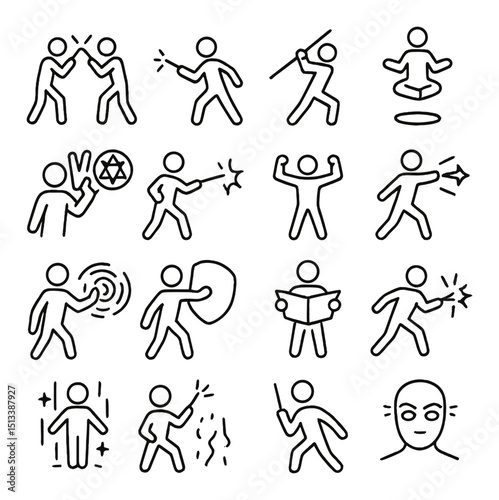 Martial arts icon collection in linear style. self-defense and combat symbol set