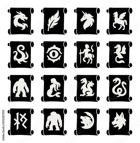 Fantasy creatures silhouette icon collection for mythical designs and fantasy themes