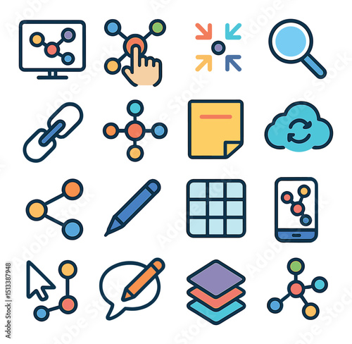 Data analytics linear icon collection. research, analysis, and technology symbols