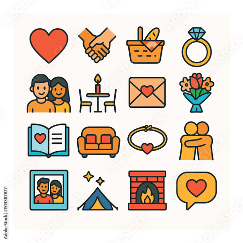 Romantic and love icon collection in flat style. valentine, relationship, heart symbols