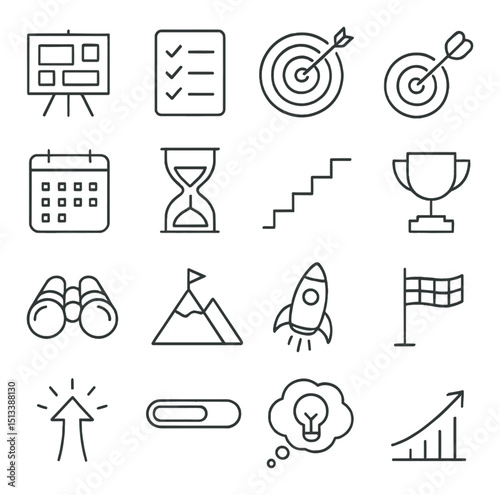 Business and productivity linear icon collection. work, success and achievement symbols