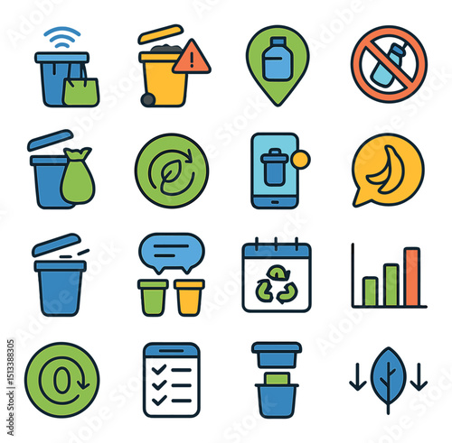 Waste management linear style icon collection. recycling and disposal symbol set
