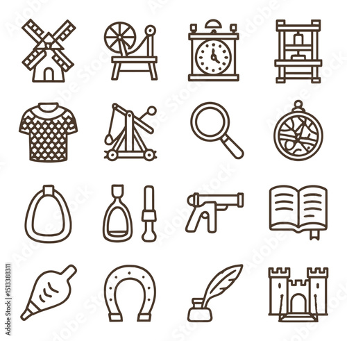 Medieval history linear style icon collection. ancient, historic visuals set