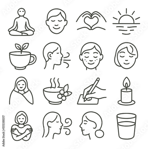 Wellness and relaxation icon collection in linear style. mindfulness and self-care set