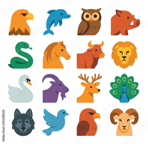 Animal flat icon collection: wildlife, fauna, and creature design set